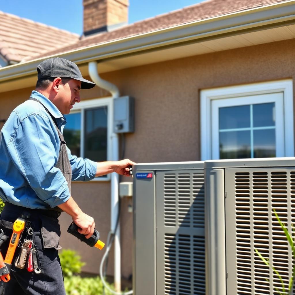 HVAC technician repairing a residential air conditioning unit outdoors