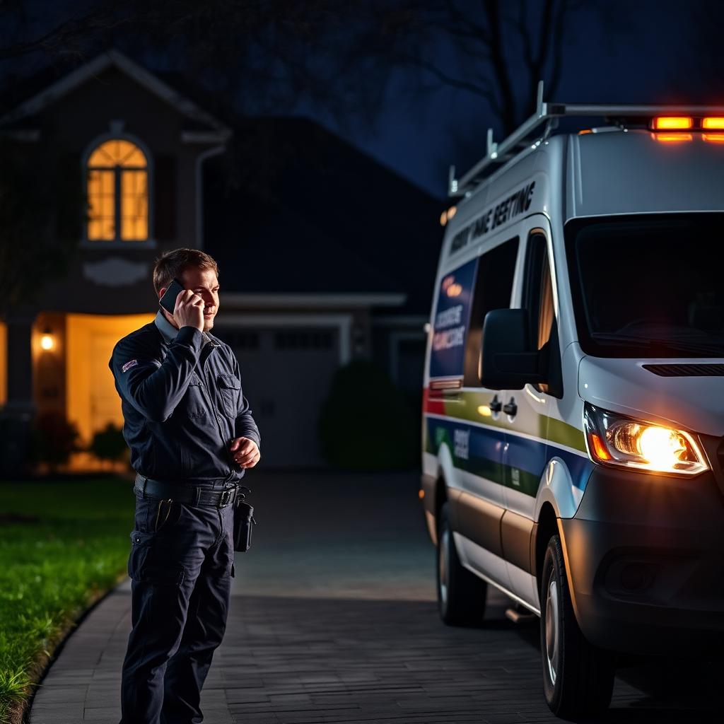 Emergency HVAC technician arriving at a home at night