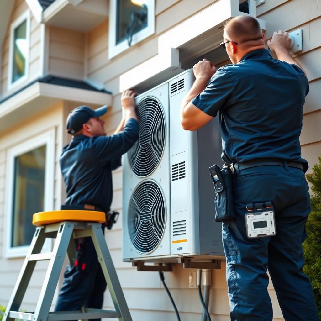 Two technicians installing a new central air conditioning system